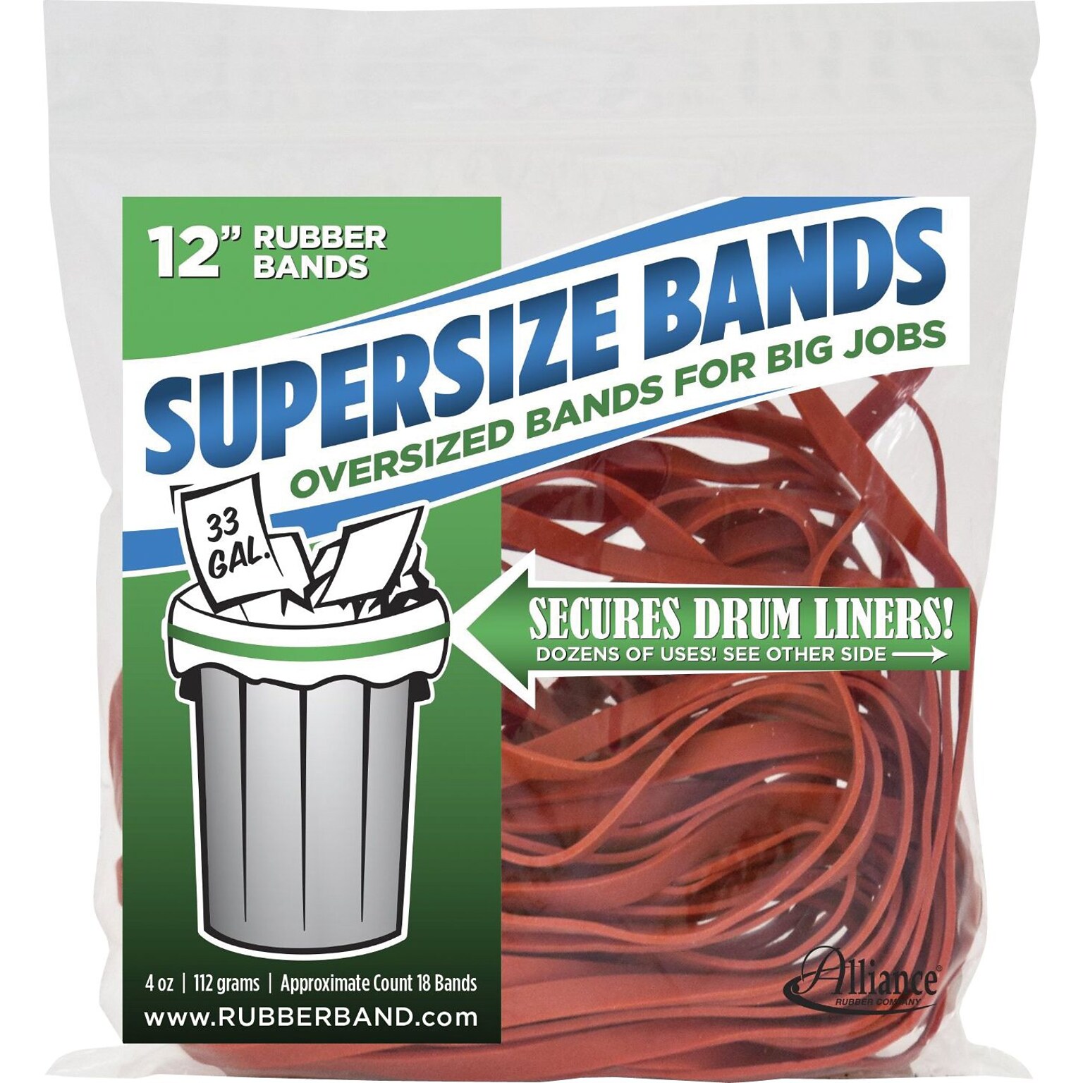 Alliance Rubber Company SuperSize Rubber Bands,, 12 x 0.25, Red, 18/Pack, 4 oz. Resealable Bag (08994)