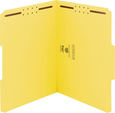 Smead WaterShed/CutLess Fastener Folders, Letter, 2 x 2K Fastener, 1/3 Tab Cut, Assorted Position Tab, 11 pt., Yellow, 50/Bx