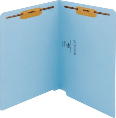 Smead WaterShed/CutLess End Tab Fastener Folders, Letter, 8.5 x 11 Sheet, 2 x 2B Fastener, End Tab, 11 pt., Blue, 50/Box