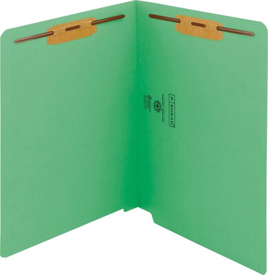 Smead WaterShed/CutLess End Tab Fastener Folders, Letter, 8.5 x 11 Sheet, 2 x 2B Fastener, End Tab, 11 pt., Green, 50/Box