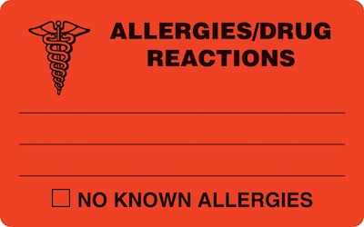 Medical Arts Press® Allergy Warning Medical Labels, Allergies/Drug Reaction, Fluorescent Red, 2-1/2x