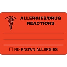 Medical Arts Press® Allergy Warning Medical Labels, Allergies/Drug Reaction, Fluorescent Red, 2-1/2x