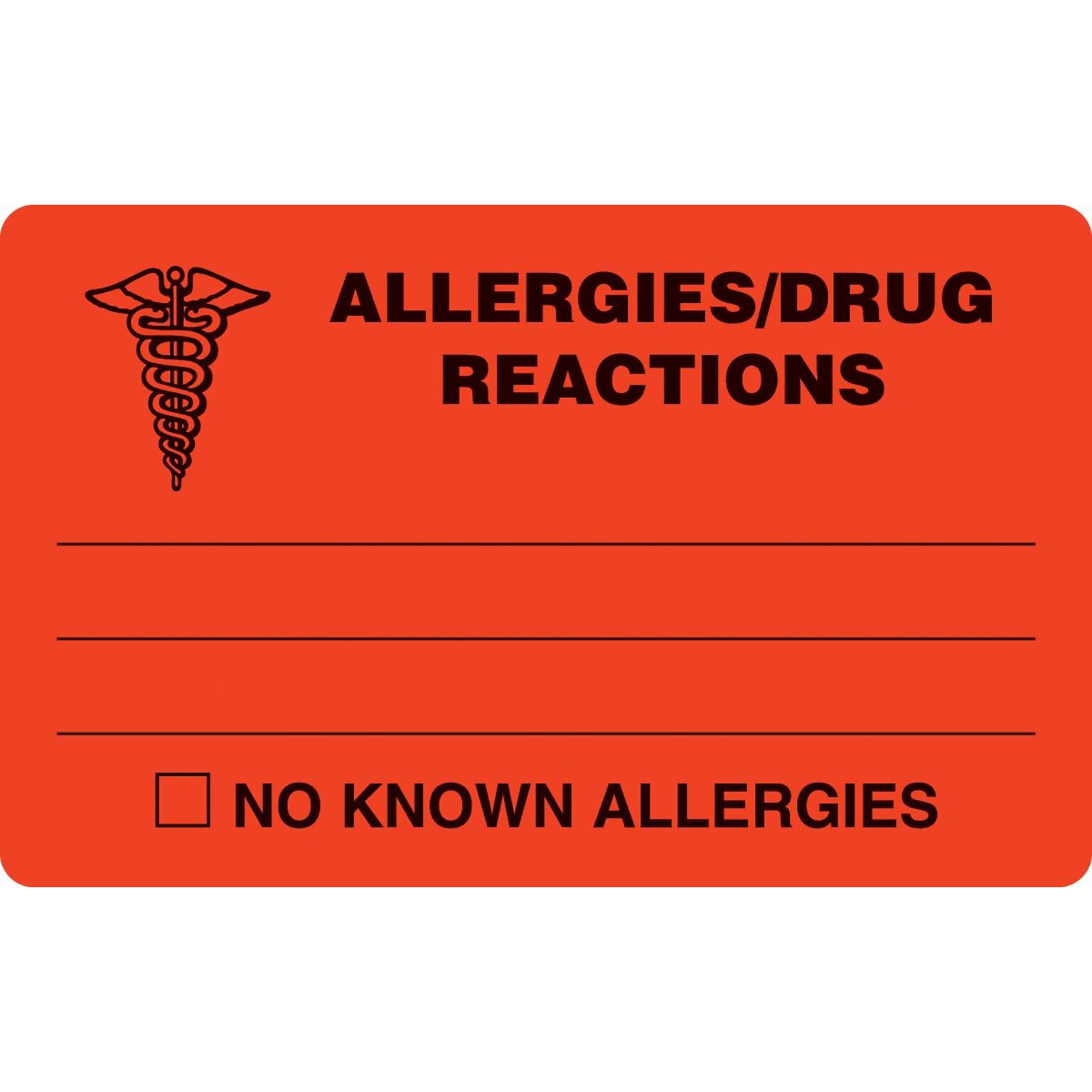 Allergy Warning Medical Labels, Allergies/Drug Reaction, Fluorescent Red, 2-1/2x4, 100 Labels
