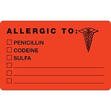 Medical Arts Press® Allergy Warning Medical Labels, Allergic To, Fluorescent Red, 2-1/2x4, 100 Labe