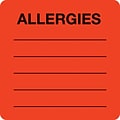 Allergy Warning Medical Labels, Allergies, Fluorescent Red, 2x2, 250 Labels