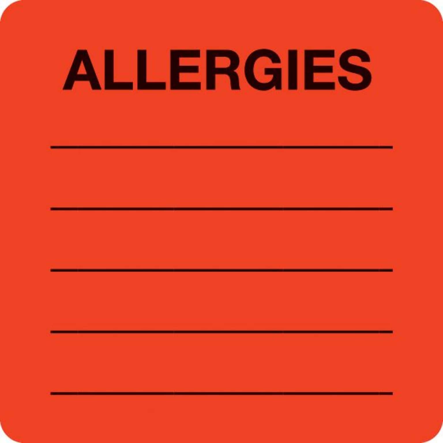 Allergy Warning Medical Labels, Allergies, Fluorescent Red, 2x2, 500 Labels