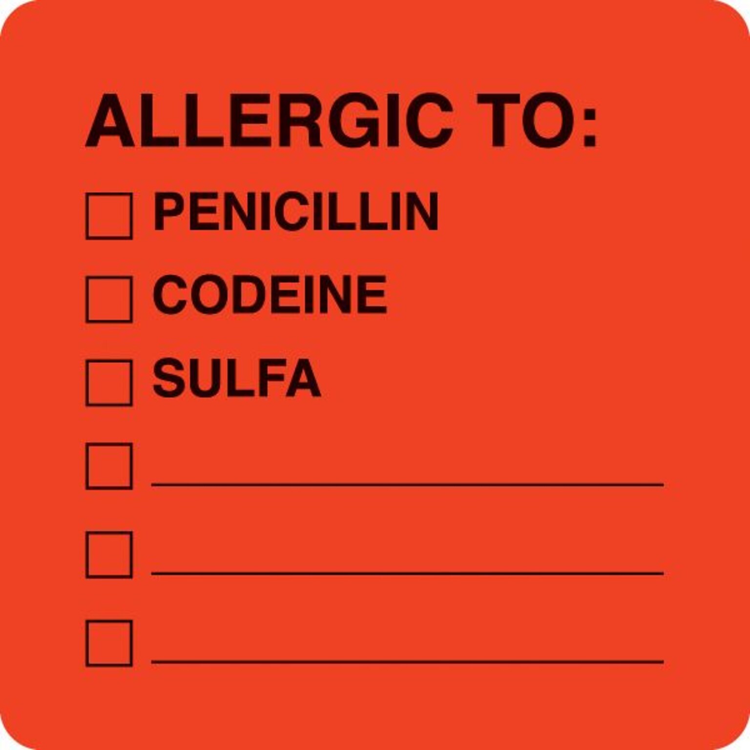 Medical Arts Press® Allergy Warning Medical Labels, Allergic To:, Fluorescent Red, 2x2, 500 Labels