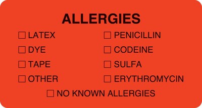 Medical Arts Press® Allergy Warning Medical Labels, Allergies, Fluorescent Red, 1-3/4x3-1/4", 500 Labels