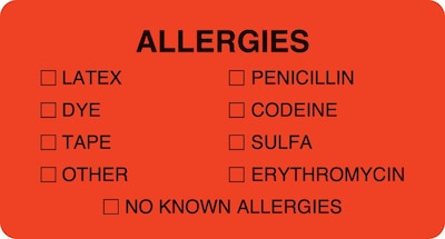 Medical Arts Press® Allergy Warning Medical Labels, Allergies, Fluorescent Red, 1-3/4x3-1/4, 500 La