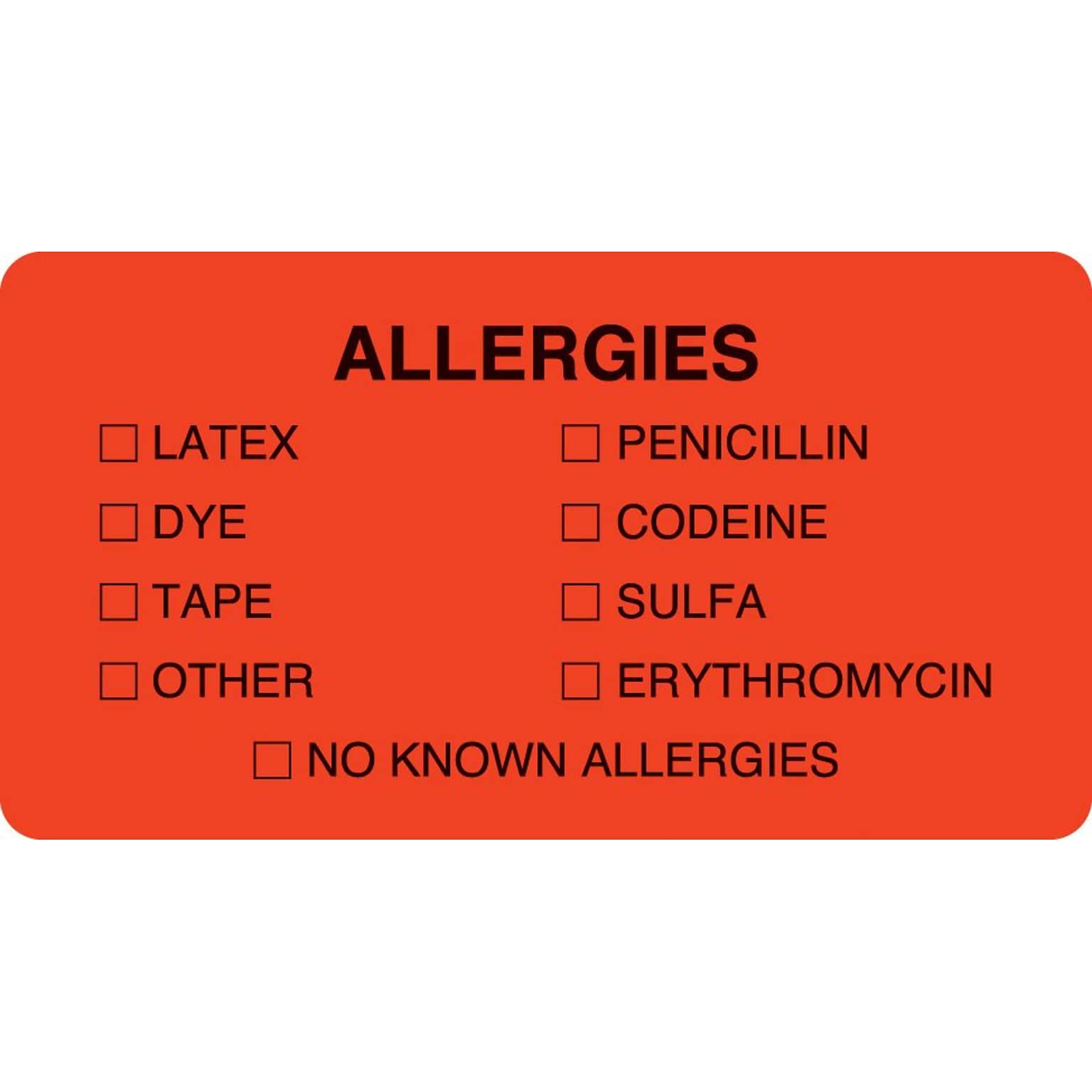 Medical Arts Press® Allergy Warning Medical Labels, Allergies, Fluorescent Red, 1-3/4x3-1/4, 500 Labels