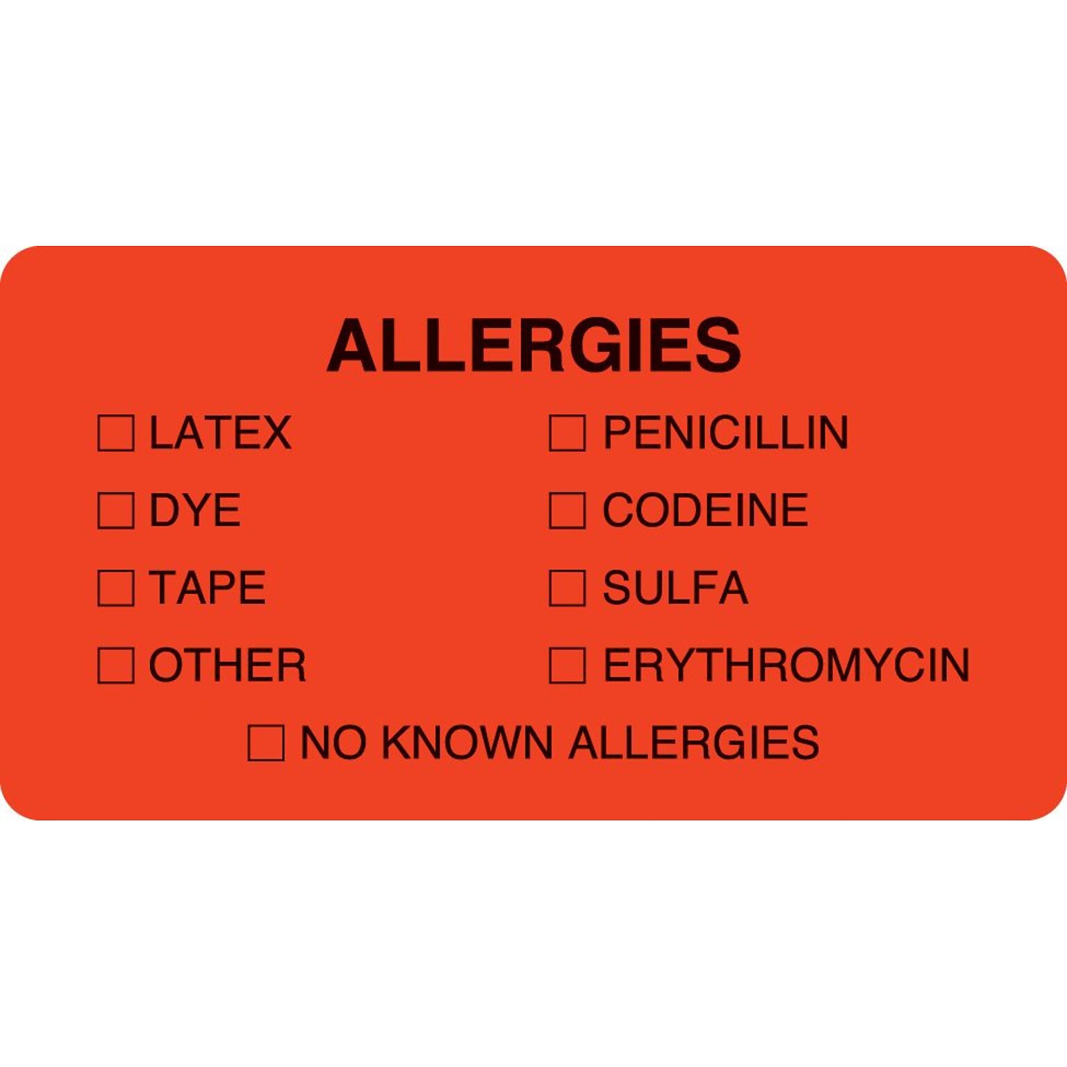 Allergy Warning Medical Labels, Allergies, Fluorescent Red, 1-3/4x3-1/4, 500 Labels