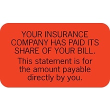 Medical Arts Press® Patient Insurance Labels, Insurance Paid Its Share, Fluorescent Red, 7/8x1-1/2,