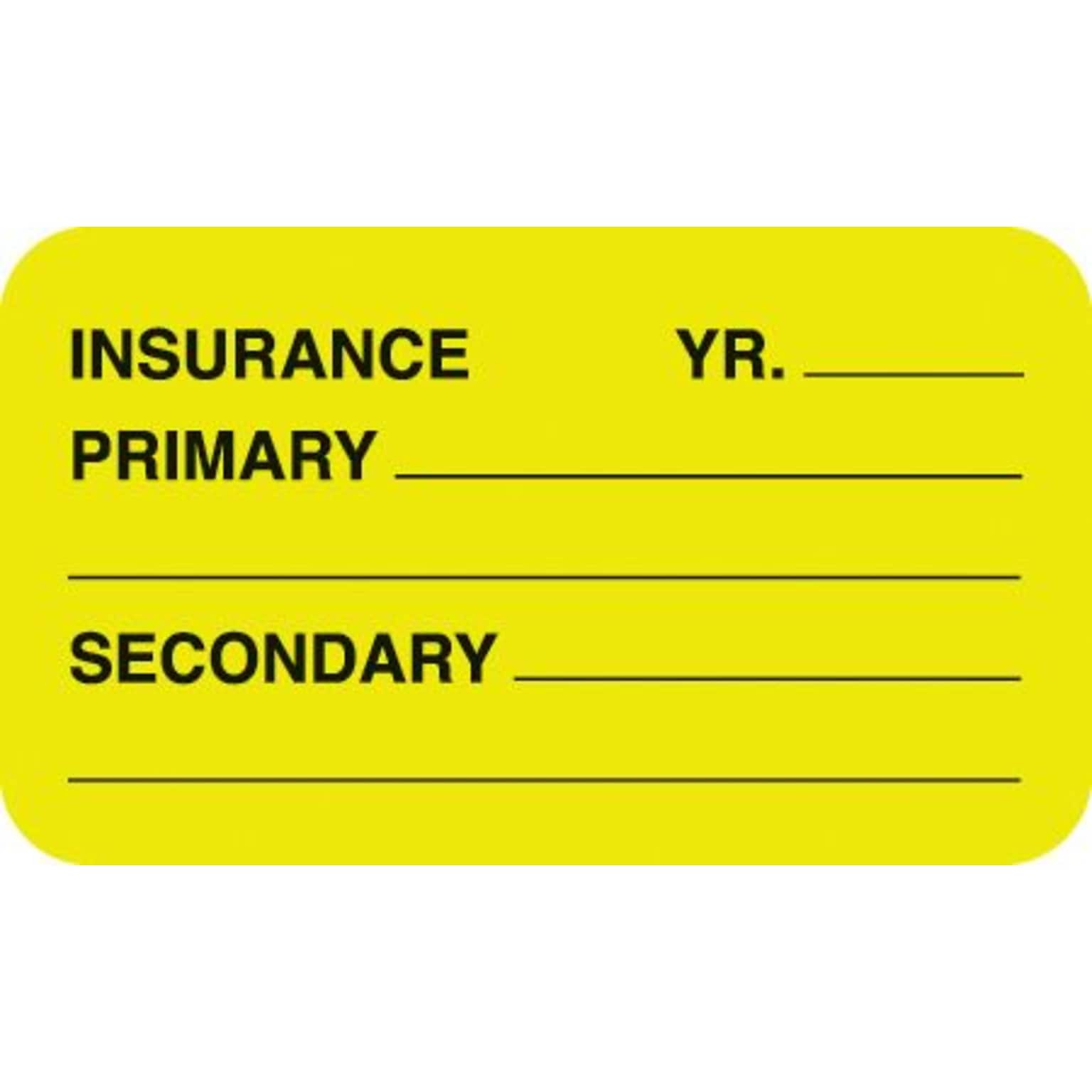Medical Arts Press® Insurance Chart File Medical Labels, Insurance/Primary/Secondary, Fl Chartreuse, 7/8x1-1/2, 500