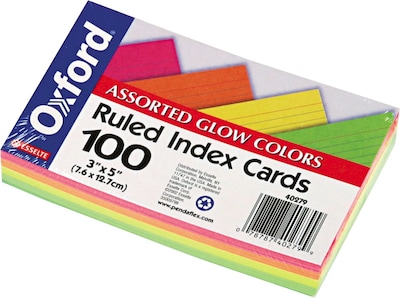 Oxford Ruled Index Cards, 3 x 5, Glow Green/Yellow, Orange/Pink, 100/Pack (40279)