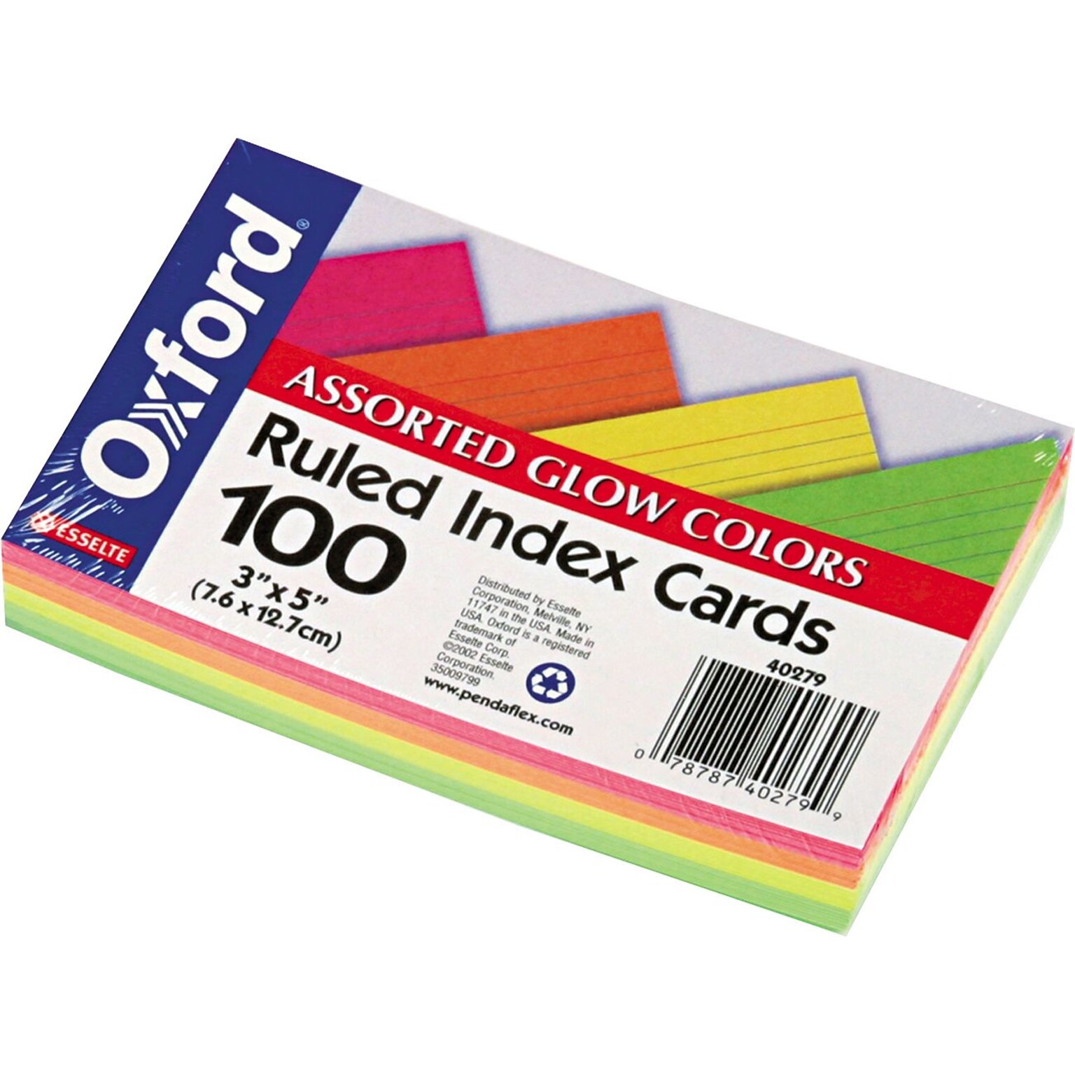 Oxford Ruled Index Cards, 3 x 5, Glow Green/Yellow, Orange/Pink, 100/Pack (40279)