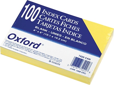 Oxford 4 x 6 Index Cards, Blank, Canary, 100/Pack (7420CAN)