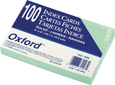 Oxford Ruled Index Cards, 4 x 6, Green, 100/Pack
