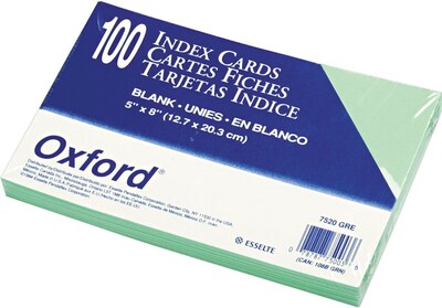 Oxford Unruled Index Cards, 5 x 8, Green, 100/Pack
