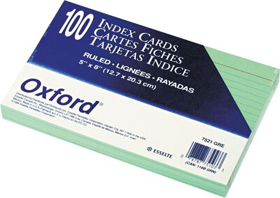Oxford Ruled Index Cards, 5 x 8, Green, 100/Pack