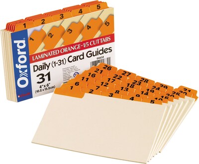 Oxford Laminated Tab Index Card Guides, Daily, 1/5 Tab, Manila, 4 x 6, 31/Set (OXF04634)