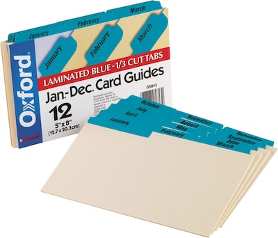 Oxford Laminated Tab Index Card Guides, Monthly, 1/3 Tab, Manila, 5 x 8, 12/Box