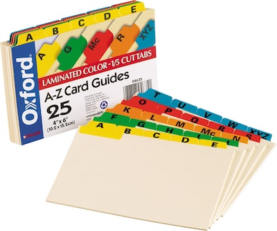Oxford Laminated Tab Alpha Index Card Guides, 4" x 6", Manila, 25/Set (OXF04635)