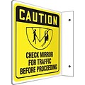 Accuform Signs® Check Mirror For Traffic Before Proceeding Projection Sign, Black/Yellow, 8H x 8W