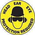 Accuform Signs® Slip-Gard™ HEAD EAR EYE PROTECTION REQUIRED Round Floor Sign, Black/Yellow, 17Dia.