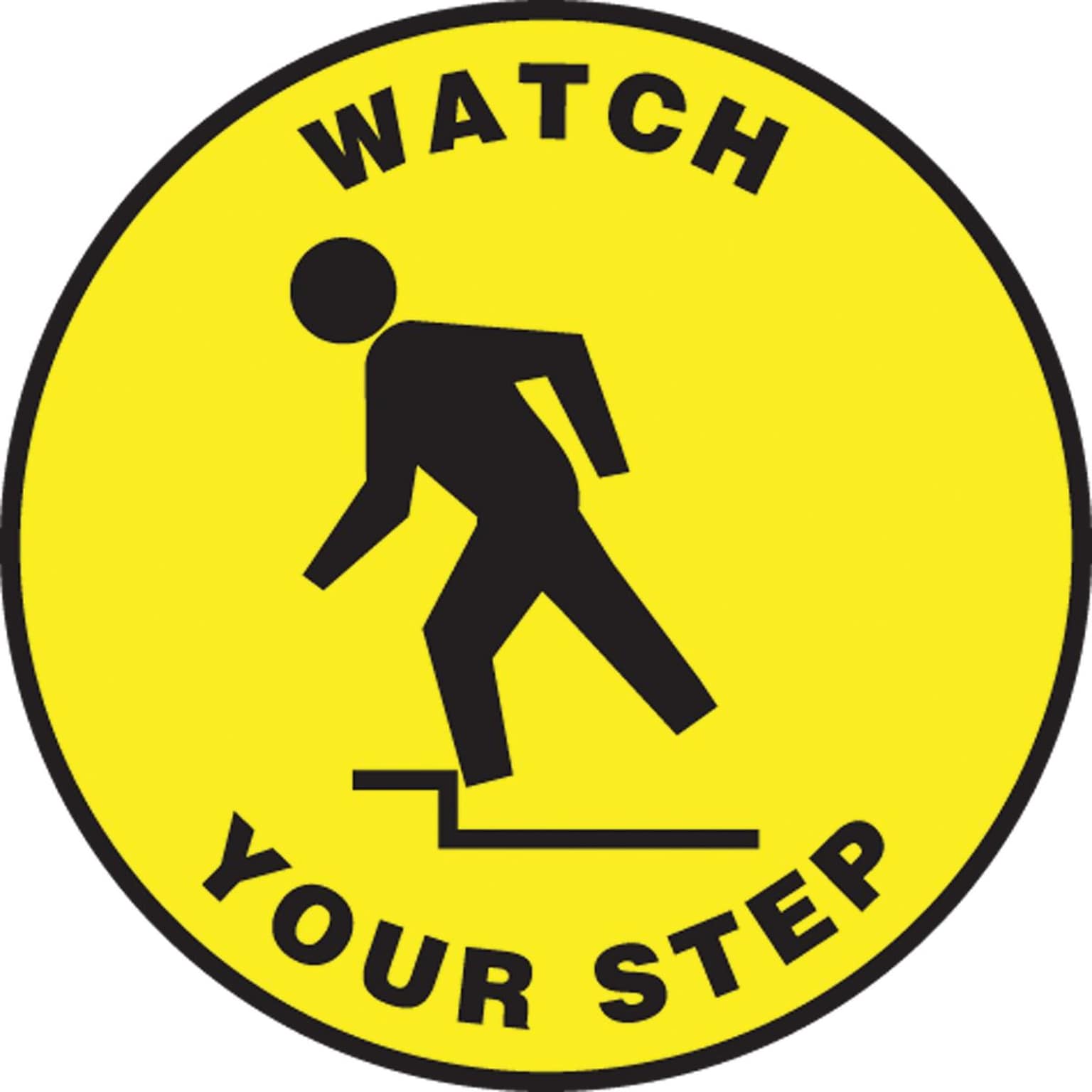 Accuform Slip-Gard WATCH YOUR STEP Round Floor Sign, Black/Yellow, 8Dia. (MFS1508)