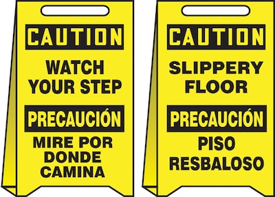 Accuform Slip-Gard CAUTION WATCH YOUR STEP... Reversible Fold-Ups, Black/Yellow, 20H x 12W (PFE456