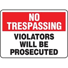 Accuform Safety Sign, NO TRESPASSING VIOLATORS WILL BE PROSECUTED, 7 x 10, Aluminum (MATR901VA)