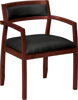 basyx by HON Wood Guest/Side Chair with Arms, Leather, Mahogany Finish/Black, Seat: 20W x 17D, Back: 20W x 13H