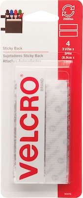 Velcro Strips 3 1/2 x 3/4 Hook & Loop Fastener with Adhesive, White, 4/Pack (VEC90076)