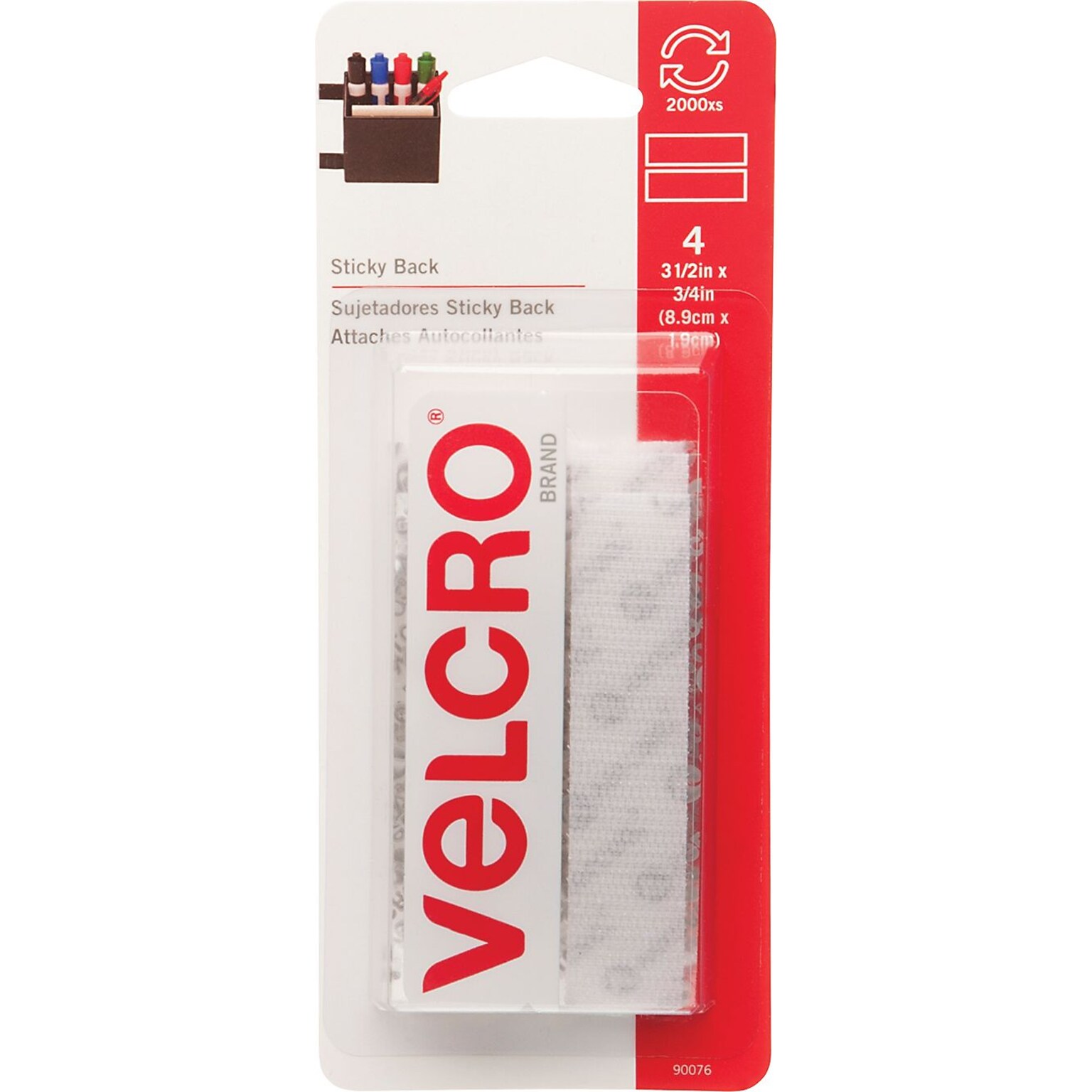 Velcro Strips 3 1/2 x 3/4 Hook & Loop Fastener with Adhesive, White, 4/Pack (VEC90076)