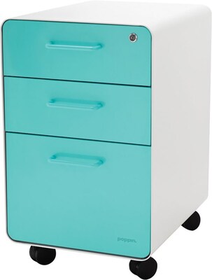 Stow 3-Drawer File Cabinet with Casters, White + Aqua