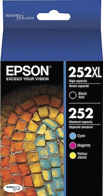 Epson T252 Black High Yield and Cyan/Magenta/Yellow Standard Yield Ink Cartridge, 4/Pack (T252XL-BCS