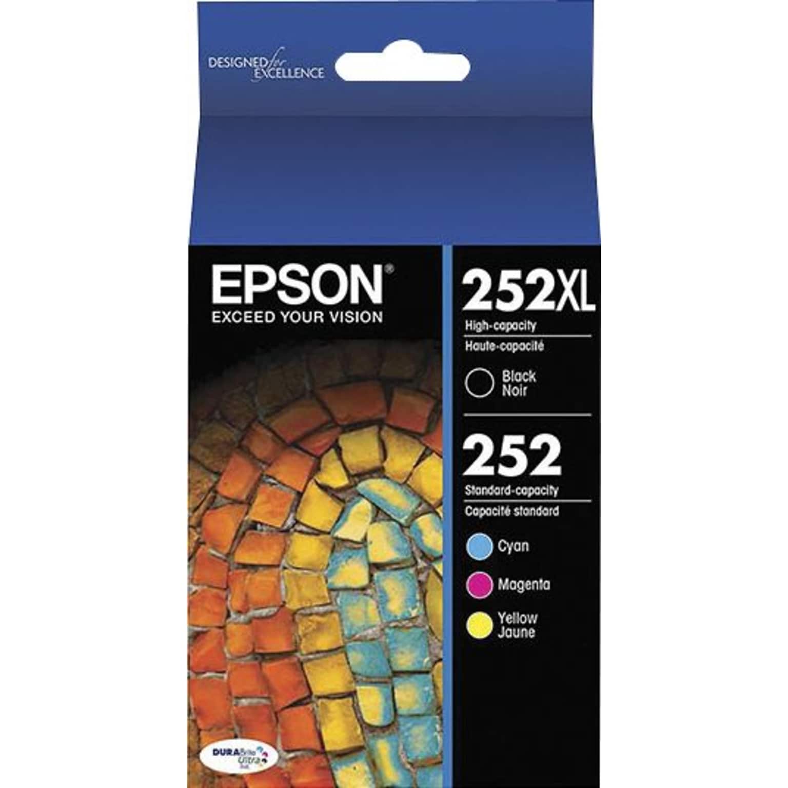 Epson T252 Black High Yield and Cyan/Magenta/Yellow Standard Yield Ink Cartridge, 4/Pack (T252XL-BCS)