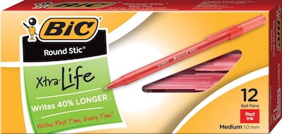 BIC® Round Stic® Xtra Life Ballpoint Pens, Medium Point, Red, 432/Carton (GSM11REDCT)