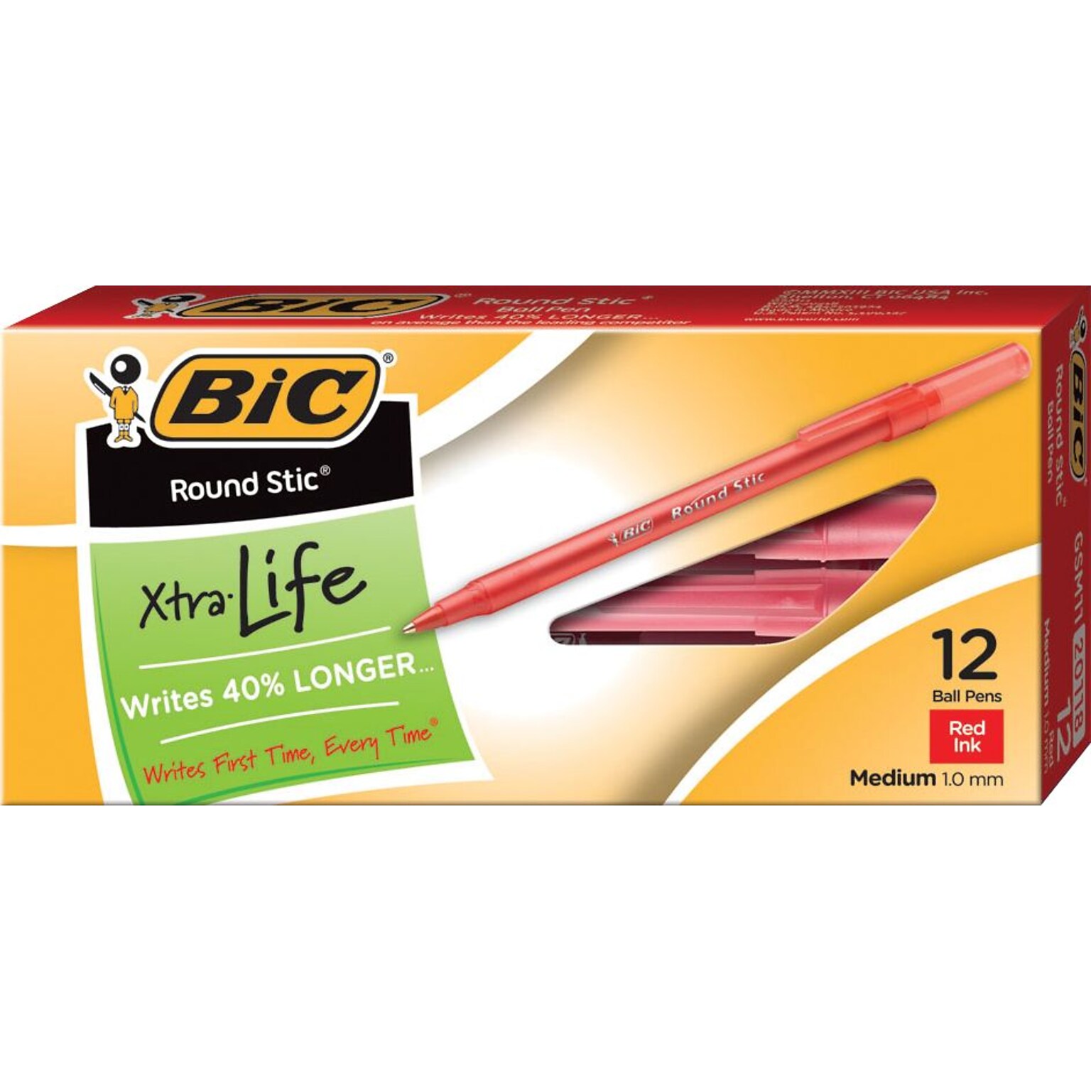 BIC® Round Stic® Xtra Life Ballpoint Pens, Medium Point, Red, 432/Carton (GSM11REDCT)