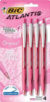 BIC Atlantis Retractable Ballpoint Pen, Medium Point, Pink Ink, 4/Pack (VCGAP4SGK-PNK)