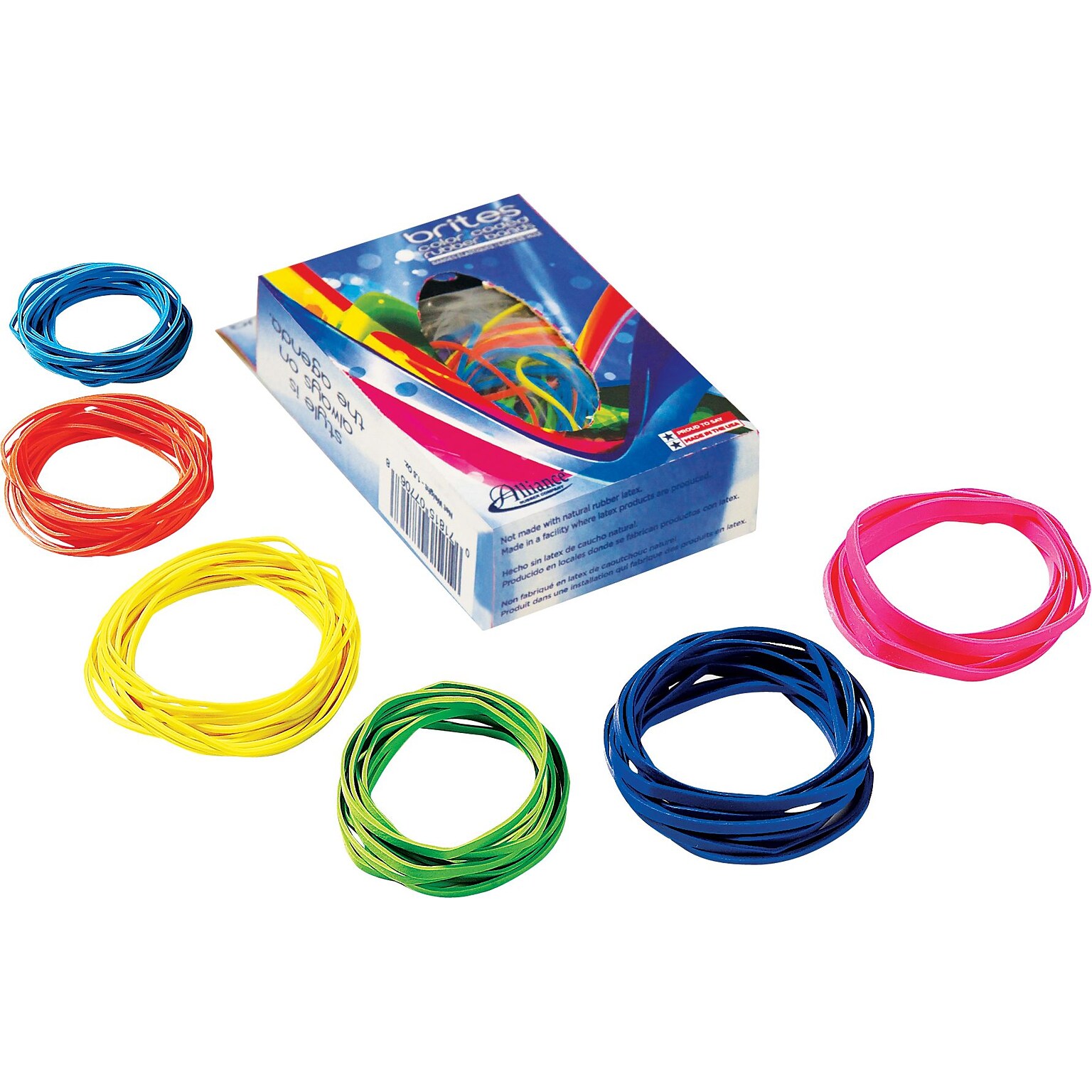 Alliance Rubber Company Brites Pic-Pac Assorted Size Rubber Bands, Latex Free, Assorted Colors, 1.5 Oz. Dispenser Box (07706)