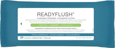 ReadyFlush Flushable Wet Wipes, 13 L x 9 W, Fragrance, Soft Pack Container, 24/Pack