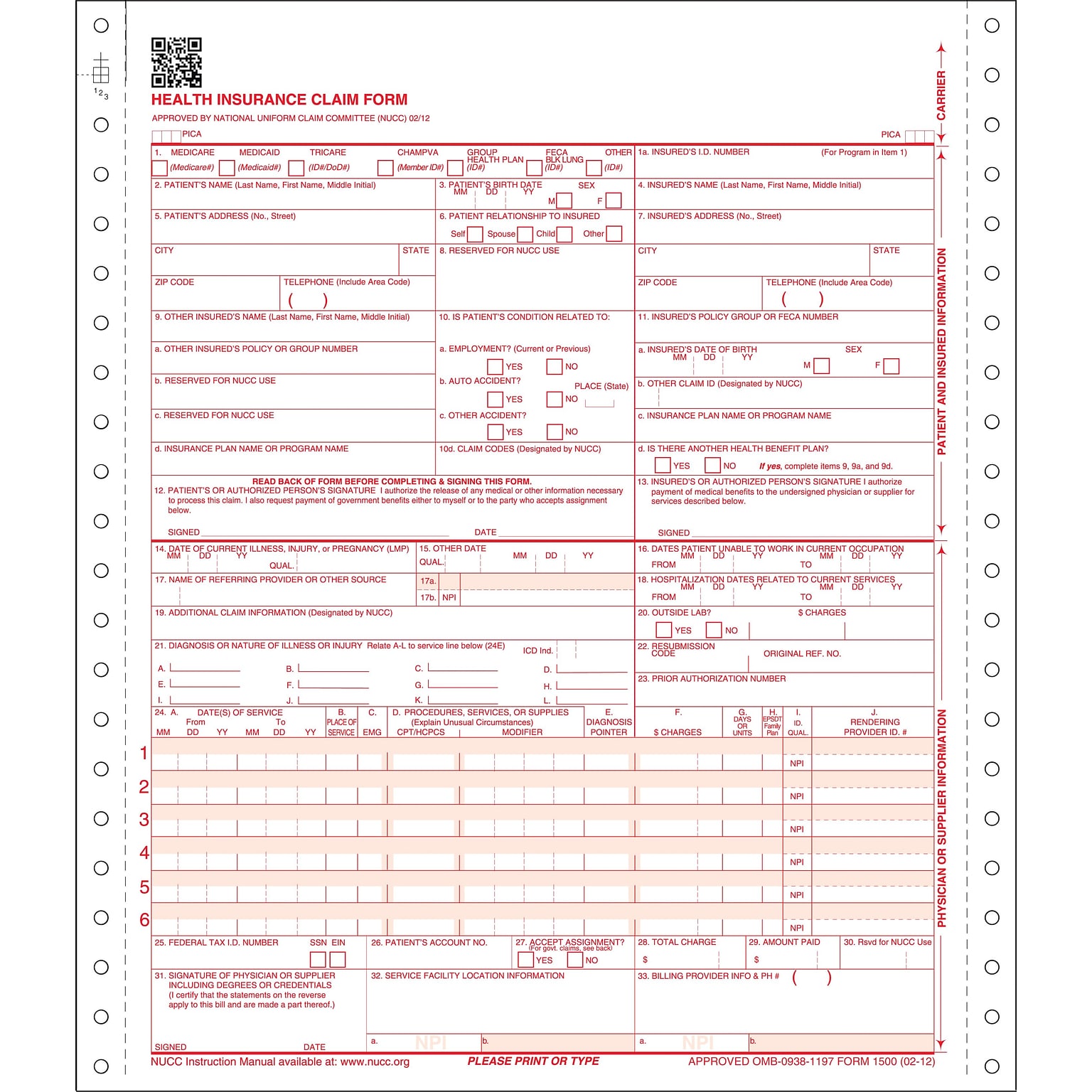 ComplyRight™ CMS-1500 Health Insurance Claim Form (02/12); 1-Part Continuous, 1,000/Carton