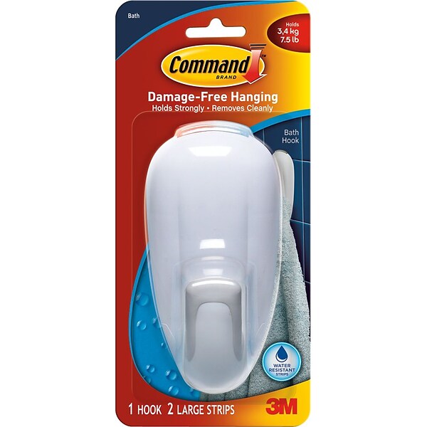 Command™ Bathroom Hook, White, 1/Pack