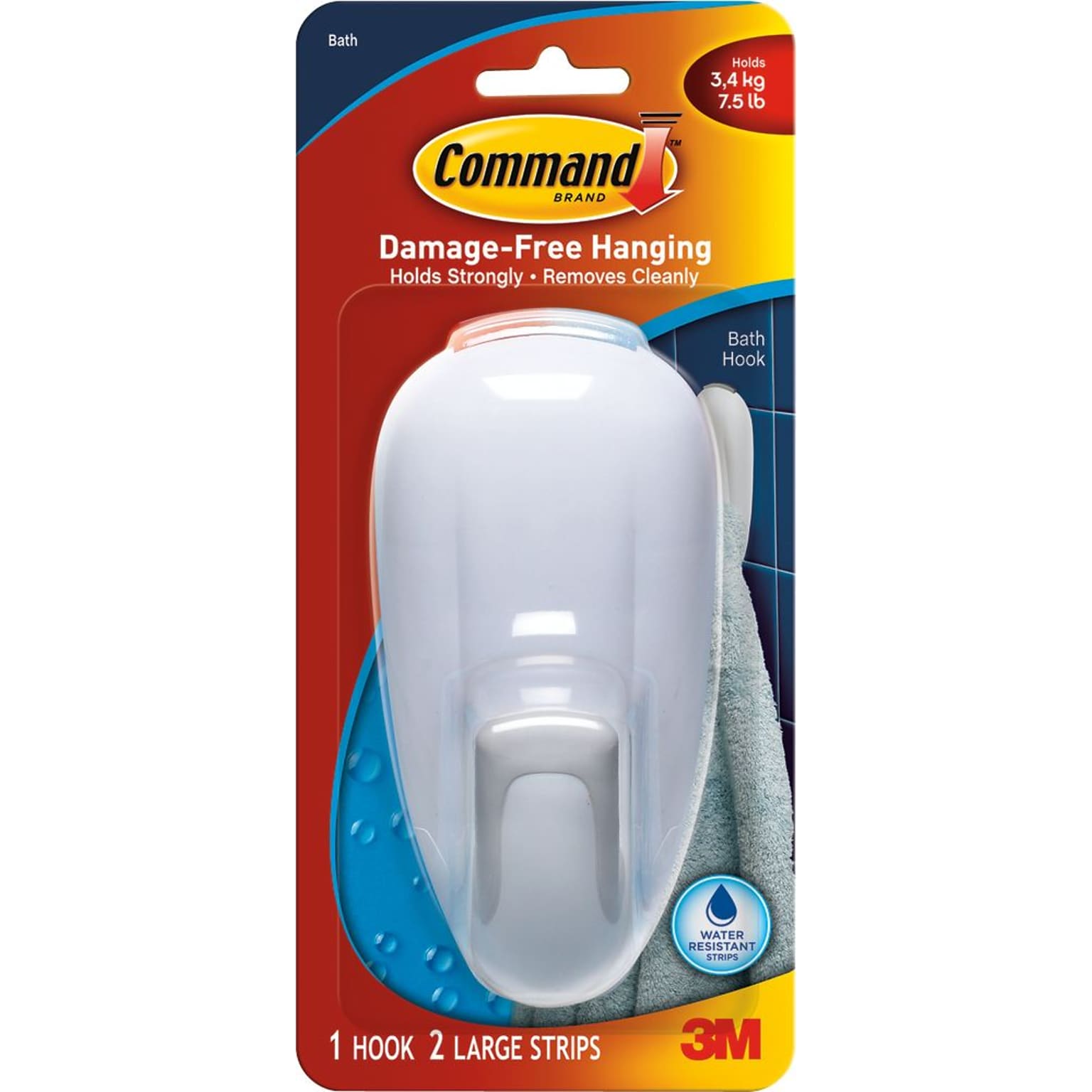 Command™ Bathroom Hook, White, 1/Pack