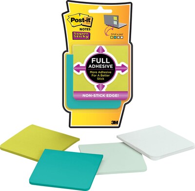 Post-it® Super Sticky Full Adhesive Notes, 3 x 3, Bora Bora Collection, 25 Sheets/Pad, 4 Pads/Pack (F330-4SSFM)