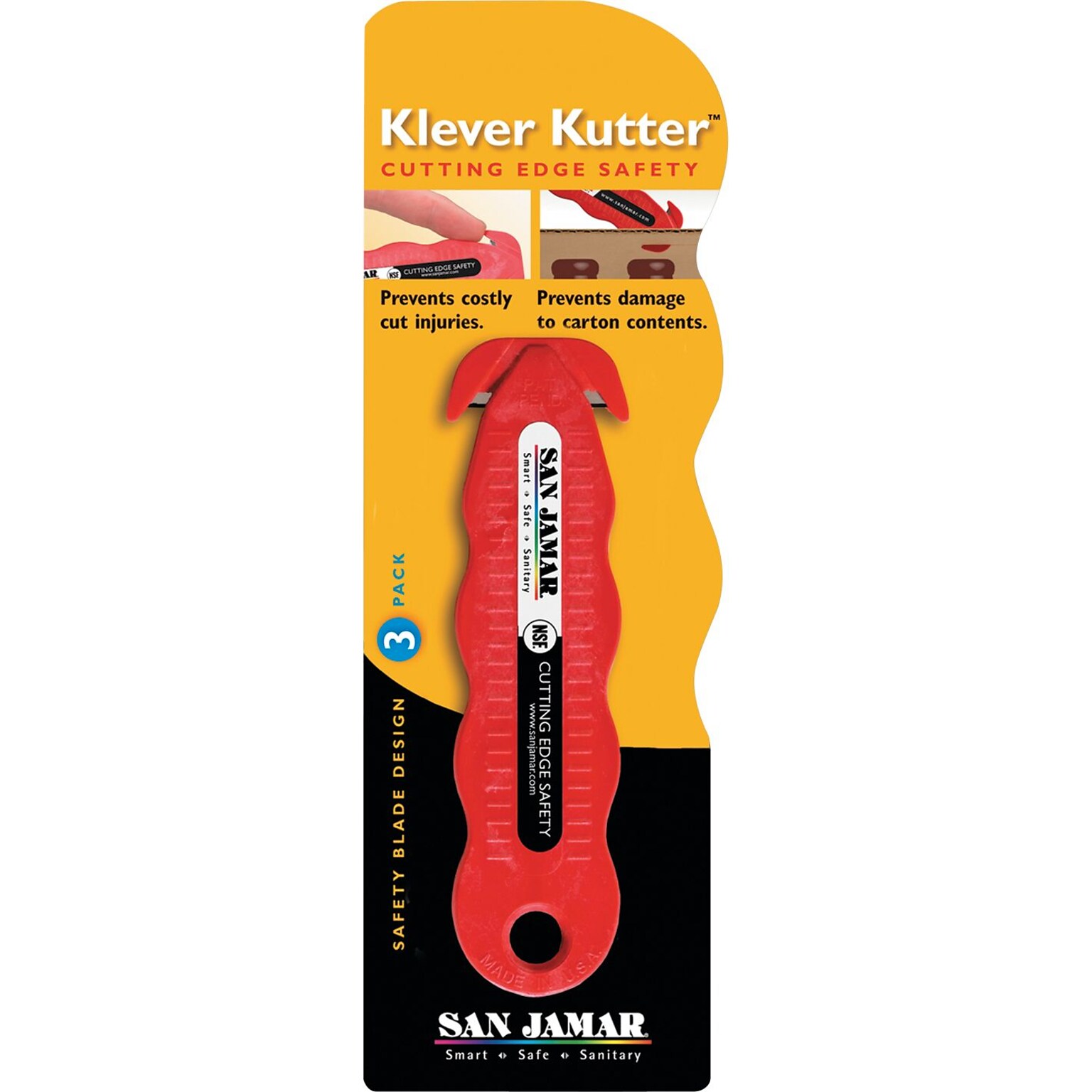 San Jamar® Klever Kutter™ Safety Cutter, Red, 3/Pack (SAN KK403)
