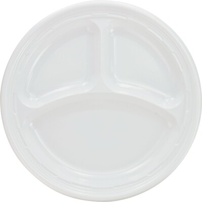 Dart® 3 Compartments Plastic Dinnerware Plate, White, 9Dia.