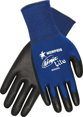 MCR SAFETY® Ninja® Lite Polyurethane Coated Palm and Fingertip Dipped Gloves, Blue, Medium, 12/Pair