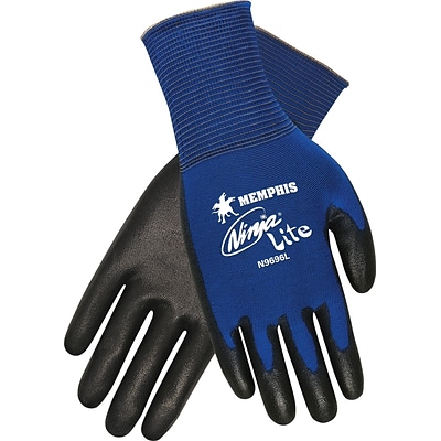 MCR SAFETY® Ninja® Lite Polyurethane Coated Palm and Fingertip Dipped Gloves, Blue, Large, 12/Pair